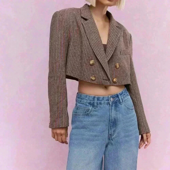 Multicolor Women's Plaid Wool Double Breasted Crop Jacket